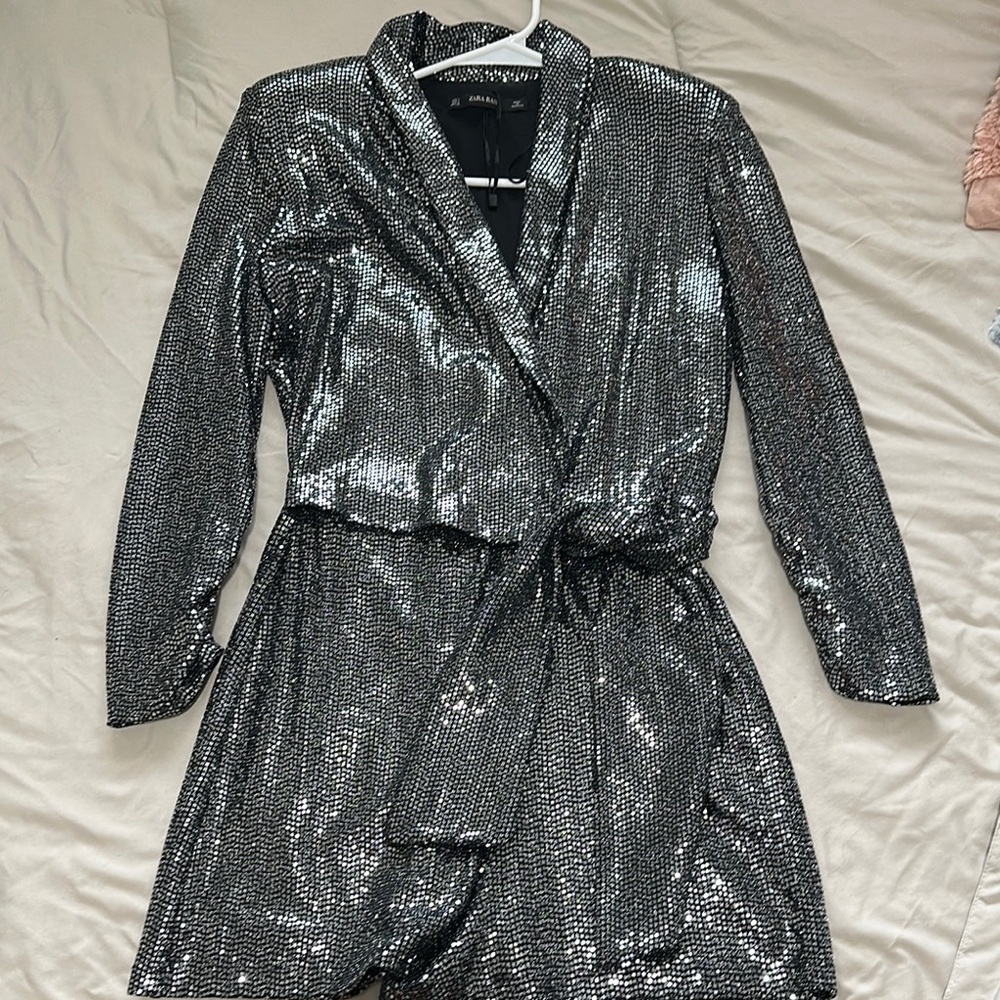 Sequin Wrap Romper in Silver